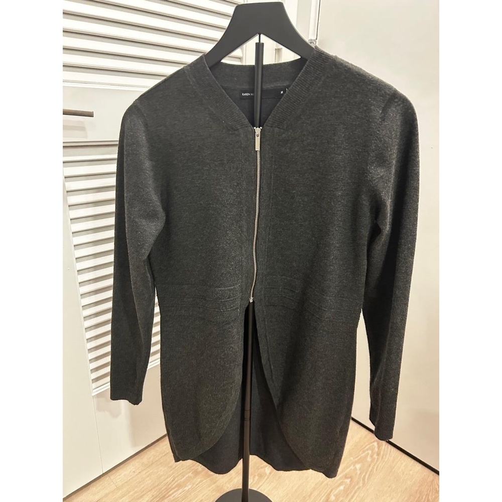 Karen Millen Knit Cardigan Womens Size M Gray Cutaway Zip Front Modern